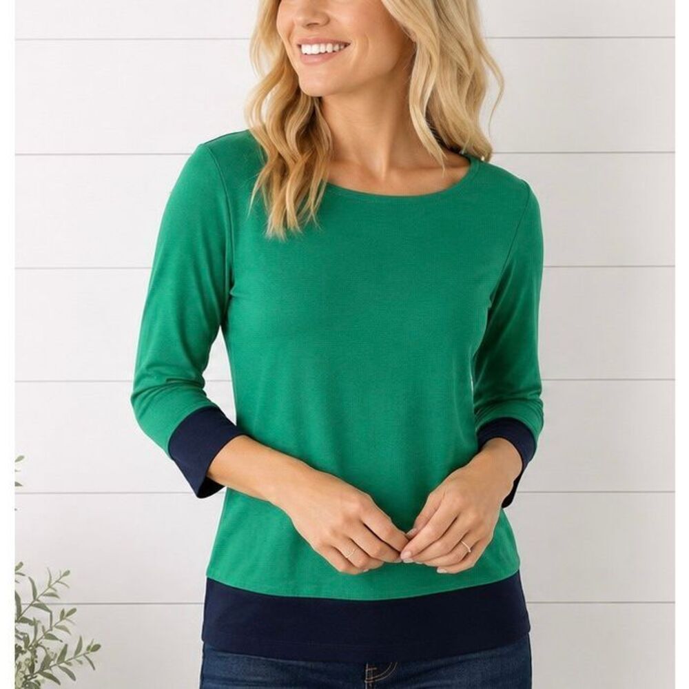 Talbots kelly green boatneck navy trim top size small petite
